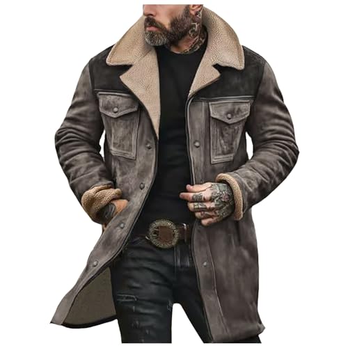 Pamqsen Lederjacke Herren Vintage Wildlederjacke Warm Gefüttert Winterjacke Winter Jeansjacke mit Taschen Outdoor Ledermantel Revers Wintermantel Reißverschluss Kunstlederjacke Lockerer Winterparka von Pamqsen