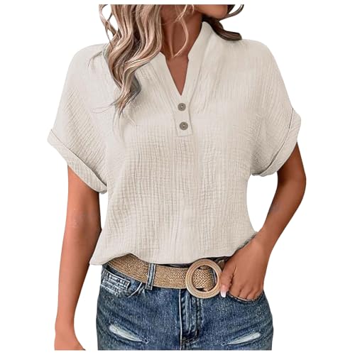 Pamqsen Leinenbluse Damen V-Ausschnitt Große Größen Musselin Bluse Leicht und Luftig Sommerblusen Mode Damen 2025 Tshirt Lose Sommer Tunika Oberteile Oversize Coole Shirts Fra Elegant Blusenshirt von Pamqsen