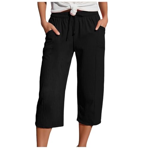 Pamqsen Leinenhose Damen 3/4 Hose Sommerhose Leicht Und Luftig Sweathose Stoffhose Schlupfhose Mit Taschen Und Tunnelzug Freizeithose Einfarbig Strandhose Jogpants Bequeme Stoffhose Elegant Schwarz S von Pamqsen