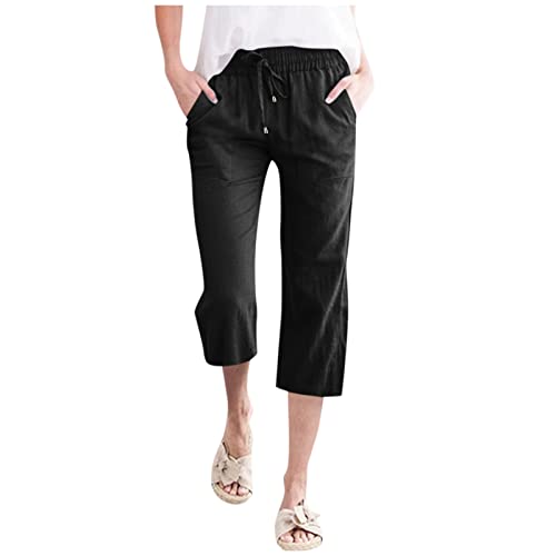 Pamqsen Leinenhose Damen 3/4 Leicht Sommerhose Stoffhose Freizeithose Strandhose Einfarbig Locker Bequeme Chino Musselin Hose mit Taschen Bequem Sporthose für Frauen von Pamqsen