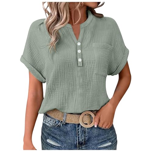 Pamqsen Leinenshirt Damen Sommer Leinenbluse V-Ausschnitt Große Größen Musselin Bluse Leicht und Luftig Sommerblusen Mode 2025 Tshirt Lose Sommer Tunika Oberteile Oversize Coole Shirts Fra Elegant von Pamqsen