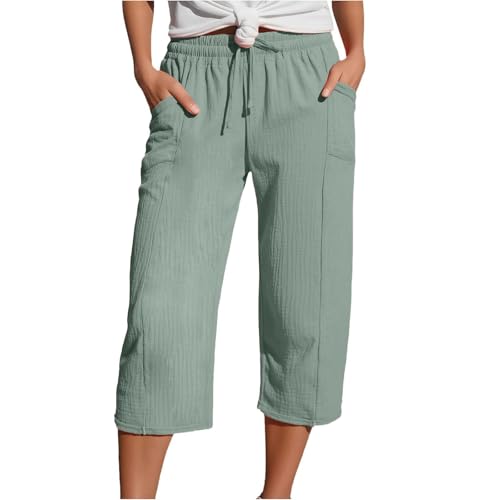 Pamqsen Lockere Hosen Damen 3/4 Musselin Hose Leicht Loose Sommerhose Bequeme Elastische Stoffhose Locker Caprihose Freizeit Strandhose Jogginghose Mit Taschen Kordelzug Light Green M von Pamqsen