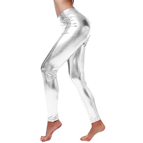 Pamqsen Metallic Damen Leggins Silber Leggins Silber Metallic Damen Glänzende Hose 80er mit Hoher Taille Shiny Leggings Party Tanz Disco Kostüm Karneval Space Kostüm Metallischer Hosen Silber von Pamqsen