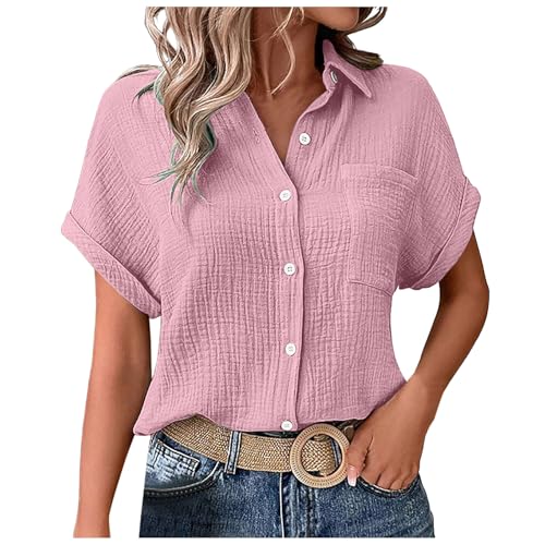 Pamqsen Musselin Bluse Damen Kurzarm Blusen Tuniken Für Damen Leinen Baumwolle Longbluse - Sommer Rundhals Übergröße Leinenbluse Lässiges Hemd Langarm Elegant Atmungsaktive Tops Freizeithemd Lose von Pamqsen