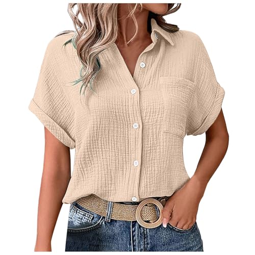Pamqsen Musselin Bluse Damen Kurzarm Musselin Bluse Damen Elegant Tuniken Sommer Rundhals Oberteile Kurzarm Leinenbluse Longbluse Oversized Hemdbluse LäSsig Leinen Hemd von Pamqsen