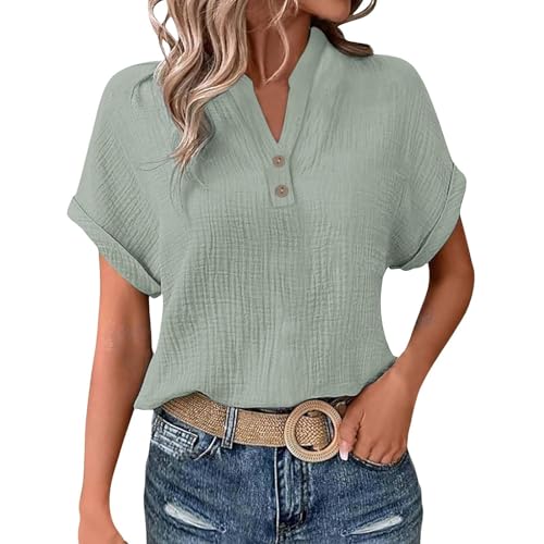 Pamqsen Musselin Bluse Damen Leinenbluse Damen Sommer Henley Collar Button-Down Leinenhemd Oversized Oberteile Kurzarm V Ausschnitt Leinen Bluse mit Taschen Große Größen leinen Tunika Einfarbig Shirt von Pamqsen