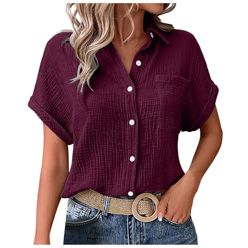 Pamqsen Musselin Bluse Damen Leinenbluse Sommer Elegant Damenblusen Rundhals Blusenshirt Leinenhemd Oberteile Oversized Tunika GroßE GrößEn Leinen Kurzarm Shirt Kleidung Hemd Solide Boho Top von Pamqsen
