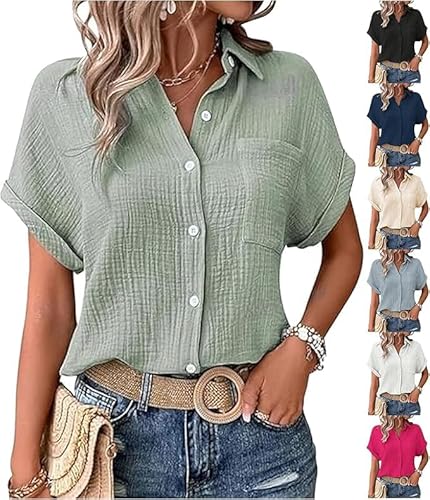 Pamqsen Musselin Bluse Damen Shirts Bluse Elegant Tunics Sommer Tshirt Kurzarm Leinen Knopf Bluse Lange Oversized T-Shirt Casual für Leggings Light Green von Pamqsen