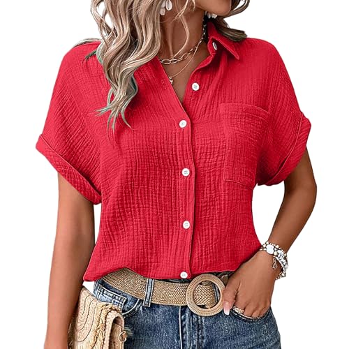 Pamqsen Musselin Bluse Damen Shirts Bluse Elegant Tunics Sommer Tshirt Kurzarm Leinen Knopf Blusen Lange Oversized T-Shirt Casual für Leggings von Pamqsen
