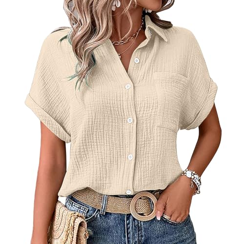 Pamqsen Musselin Bluse Damen Sommer Elegante Lässiges Leinenbluse Kurzarm Baumwolle Leinen Hemdbluse mit V-Ausschnitt Blusenshirt Tunika Tops Oversize leinenhemd Locker Oberteile Beige Pamqsen Musselin Bluse Damen Sommer Elegante Lässiges Leinenbluse Kurzarm Baumwolle Leinen Hemdbluse mit V-Ausschnitt Blusenshirt Tunika Tops Oversize leinenhemd Locker Oberteile Beige von Pamqsen