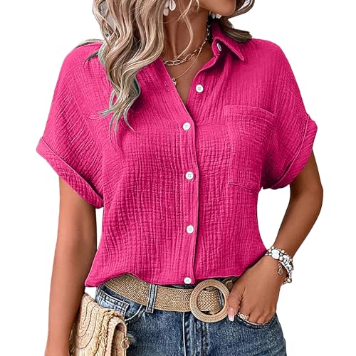 Pamqsen Musselin Bluse Damen Sommer Elegante Lässiges Leinenbluse Kurzarm Baumwolle Leinen Hemdbluse mit V-Ausschnitt Blusenshirt Tunika Tops Oversize leinenhemd Locker Oberteile Bekleidung Hot Pink von Pamqsen