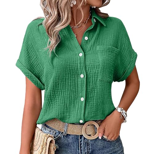 Pamqsen Musselin Bluse Damen Sommer Hemdbluse Baumwolle Kurzarm Leinenbluse Oberteile V-Ausschnitt Longbluse Tunika mit Tasche Grün von Pamqsen