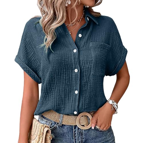 Pamqsen Musselin Bluse Damen Sommer Hemdbluse Baumwolle Kurzarm Leinenbluse Oberteile V-Ausschnitt Longbluse Tunika mit Tasche Marine von Pamqsen