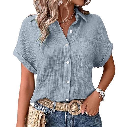 Pamqsen Musselin-Bluse Musselin Bluse Damen Shirts Bluse Elegant Tunics Sommer Tshirt Kurzarm Leinen Knopf Bluse Lange Oversized T-Shirt Casual für Leggings Light Blue von Pamqsen