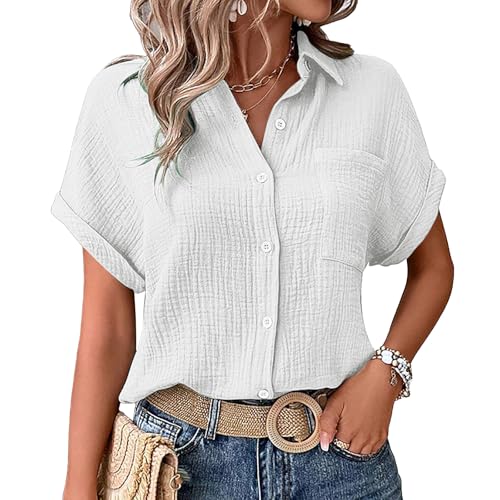 Pamqsen Musselin-Bluse Musselin Hemd Bluse für Damen Elegant Tuniken Sommer Oberteile Kurzarm Leinenbluse Longbluse Oversized Hemdbluse Lässig für Leggings Weiß von Pamqsen