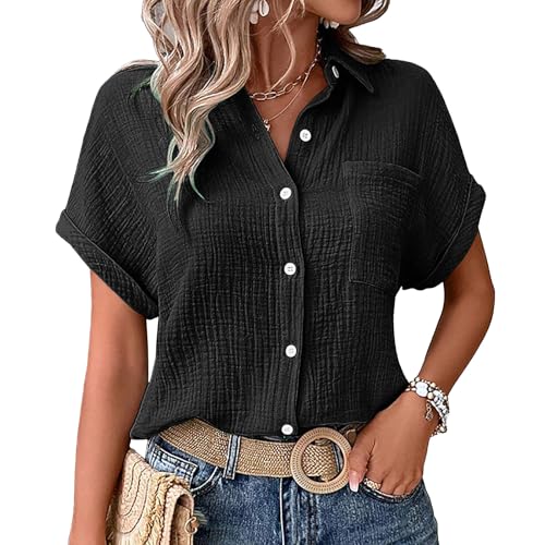 Pamqsen Musselin Hemd Bluse für Damen Elegant Tuniken Sommer Oberteile Kurzarm Leinenbluse Longbluse Oversized Hemdbluse Lässig für Leggings Schwarz von Pamqsen