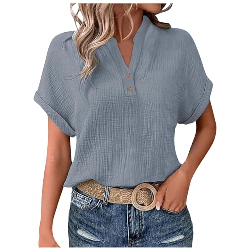 Pamqsen Musselin Leinenbluse Damen 2025 Frauen Sommer Tshirt Baumwolle Leinen Cap Sleeve T-Shirt Knopf V-Ausschnitt Tunika Tops Mode Casual Tshirts Trendy Bluse von Pamqsen