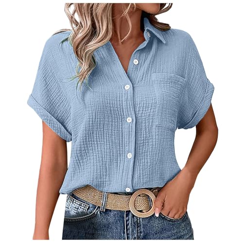 Pamqsen Sommerbluse Musselin Bluse Damen Shirts Bluse Elegant Tunics Sommer Tshirt Kurzarm Leinen Rundhals Bluse Lange Oversized T-Shirt Casual für Leggings von Pamqsen