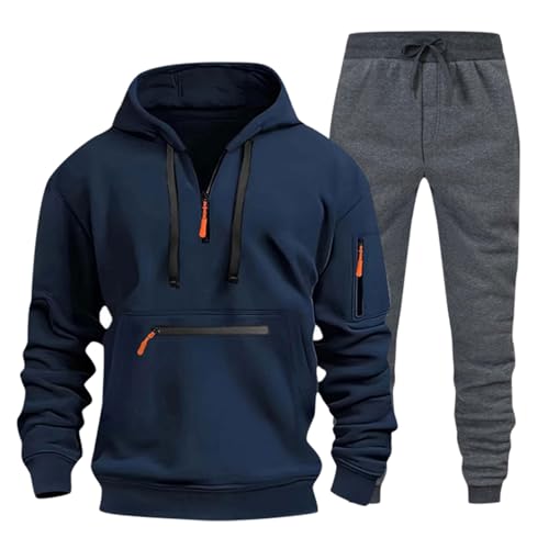 Pamqsen Sportanzug Herren 2-Teilig Hoodie + Hosen Plüsch Gefütterte Viertel-Reißverschluss mit Kapuze Trainingsanzug Langarm Oversize Sportanzug Einfarbig Rundhals Tracksuit Warm Jogginganzug von Pamqsen