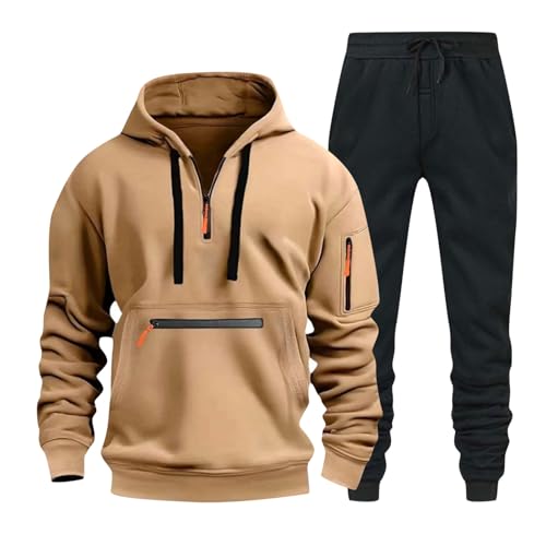 Pamqsen Sportanzug Herren 2-Teilig Hoodie + Hosen Plüsch Gefütterte Viertel-Reißverschluss mit Kapuze Trainingsanzug Langarm Oversize Sportanzug Einfarbig Rundhals Tracksuit Warm Jogginganzug von Pamqsen