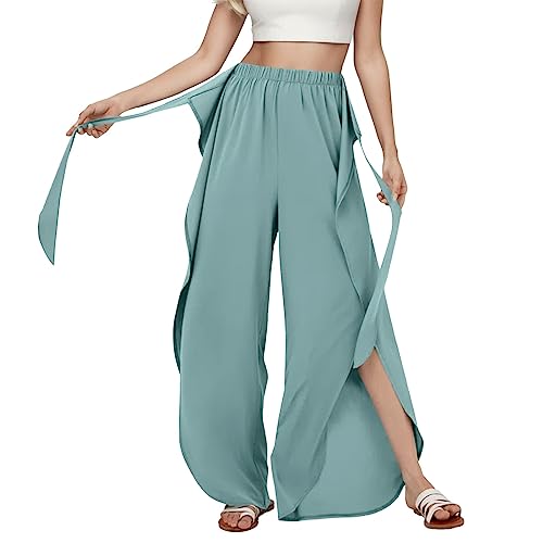 Pamqsen Wickelhose zum Binden Hosen Damen Sporthose Yogahosen Sport Pumphose Haremshose Leichte Mit Schlitz Sommerhose Hosen Große Größe Damen Casual Hohe Taille Hose Fashion Fließende Palazzo Hose von Pamqsen