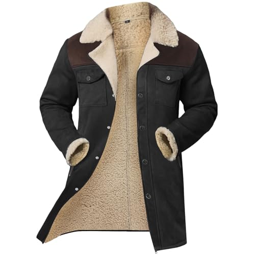 Pamqsen Winterjacke Herren Lang Wintermantel Pelzmantel Kunstfell Plüsch Fellmantel Warm Mantel Pelzjacke Langarm Revers Faux Pelz Jacke Langer Trenchcoat Felljacke Verdicken Wollmantel Fleecemantel von Pamqsen