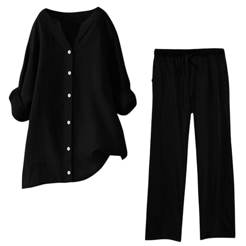 Pamqsen Zweiteiler Damen Sommer Hosenanzug Sommer Baumwolle Leinen Kurzarm Top und Lang Weit Bein Hose Musselin Set Musselin Leinenanzug Große Größen Leinen Set Einfarbig Freizeitanzug 2 Teiler Set von Pamqsen