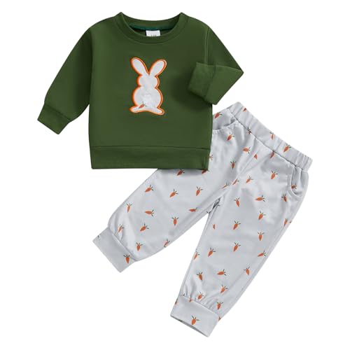 Kleinkind Baby Jungen Ostern Outfit Frühling Kleidung Kaninchen Patch Sweatshirt Pullover Karotte Hosen Jogger Kleinkind 2 Stück Trainingsanzug, grün, 2-3 Years von PanLidapan