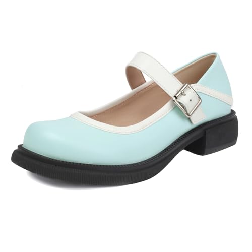 PanaLuxe Damen Flachs Mary Jane Kawaii Schuhe Costume Runde Zehen Pumps Low Heel Schule Kleid Schuhe for Mädchen Blue Große 38 von PanaLuxe