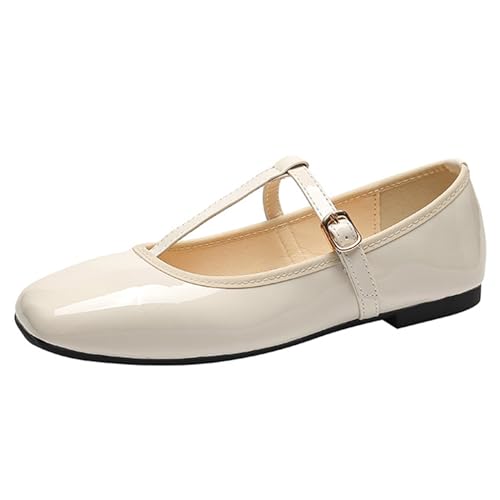 PanaLuxe Damen Weich Mary Jane Flach Shoes Aprikose Square Toe Bequeme Ballerinas mit Riemchen Wanderschuhe 40 von PanaLuxe