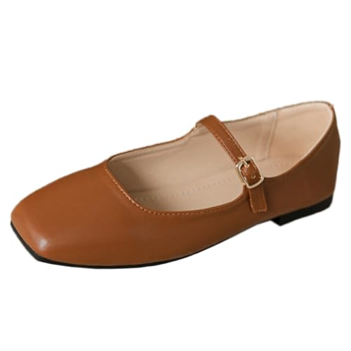 PanaLuxe Damen Weich Mary Jane Flach Shoes Braun Square Toe Bequeme Ballerinas mit Riemchen Wanderschuhe 43 von PanaLuxe