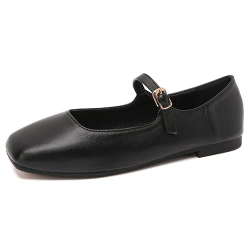PanaLuxe Damen Weich Mary Jane Flach Shoes Schwarz Square Toe Bequeme Ballerinas mit Riemchen Wanderschuhe 36 von PanaLuxe