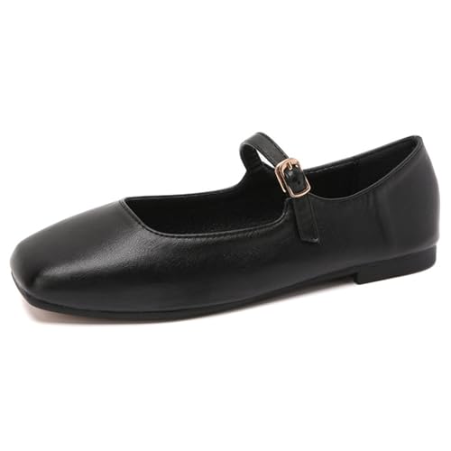 PanaLuxe Damen Weich Mary Jane Flach Shoes Schwarz Square Toe Bequeme Ballerinas mit Riemchen Wanderschuhe 40 von PanaLuxe