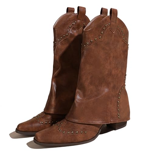 PanaLuxe Mid Calf Cowgirl Stiefel For Damen Pointed Toe Pull-On Cowboy Stiefel Fold Over Chunky Heels von PanaLuxe