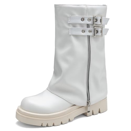PanaLuxe Mid Claf Fold Over Stiefel For Damen Round Toe Reißverschlussper Low Heel Comfortable Stiefel von PanaLuxe