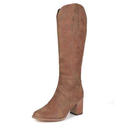 PanaLuxe Mode Bestickt Cowboystiefel Damen Blockabsatz Kniehohe Stiefel Langschaft Reißverschluss Hohe Stiefel Cowgirl Stiefel mit Absatz von PanaLuxe