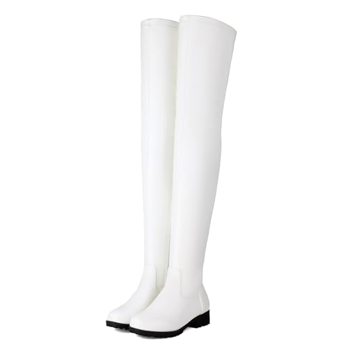 PanaLuxe Niedriger Absatz Oberschenkelhohe Stiefel für Damen Bequeme Over-the-Knee dehnbare Stiefel halbseitiger Reißverschluss runde Zehe von PanaLuxe