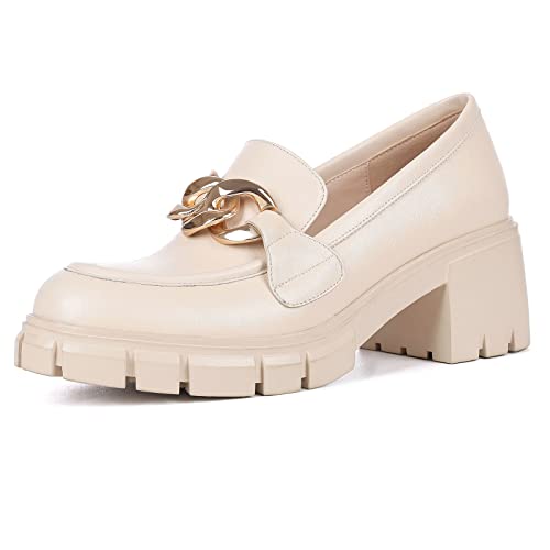 PanaLuxe Schwarzer klobiger Loafer für Damen mit Lug Sohle Penny Loafer für Damen Plateau Bequeme Schuhe mit Metallkette Damen Office Schuhe Beige 43 von PanaLuxe
