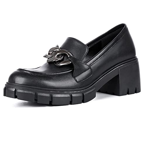 PanaLuxe Schwarzer klobiger Loafer für Damen mit Lug Sohle Penny Loafer für Damen Plateau Bequeme Schuhe mit Metallkette Damen Office Schuhe Black 38 von PanaLuxe