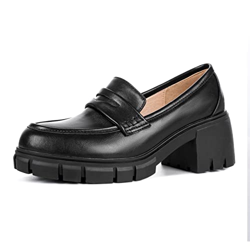 PanaLuxe Schwarzer klobiger Loafer für Damen mit Lug Sohle Penny Loafer für Damen Plateau Bequeme Schuhe mit Metallkette Damen Office Schuhe Black 39 von PanaLuxe