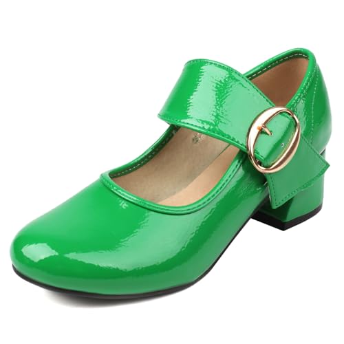 PanaLuxe Vintage Mary Jane Pumps Niedriger Blockabsatz Kleid Schuhe Damen Round Toe Bequem Schulschuhe Grün 46 von PanaLuxe