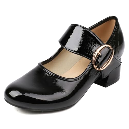 PanaLuxe Vintage Mary Jane Pumps Niedriger Blockabsatz Kleid Schuhe Damen Round Toe Bequem Schulschuhe Schwarz 45 von PanaLuxe