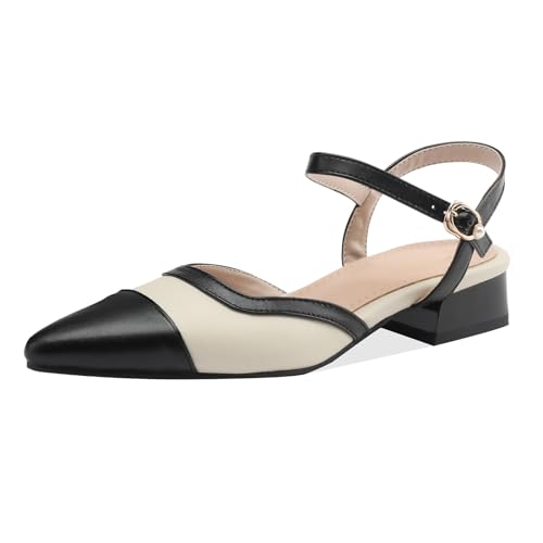 PanaLuxe Vintage Schuhe Zweifarbig Pumps Open Back Niedriger Absatzs Kleid Schuhe Patchwork Pumps Knöchelriemchen Spitze Zehen Sandalen Schwarz 37 von PanaLuxe