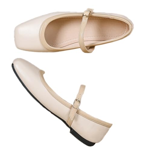 PanaLuxe Weich Mary Jane Flach für Frauen Patchwork Beige Ballerina mit Riemen Square Toe Wanderschuhe Flach Abendschuhe Formelle 39 von PanaLuxe