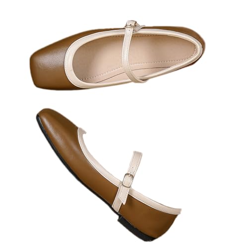 PanaLuxe Weich Mary Jane Flach für Frauen Patchwork Camel Ballerina mit Riemen Square Toe Wanderschuhe Flach Abendschuhe Formelle 43 von PanaLuxe