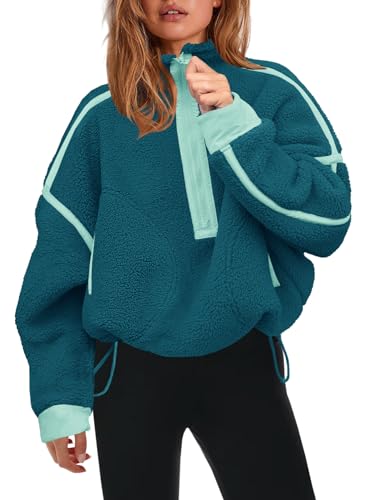 Panadila Damen-Pullover mit halbem Reißverschluss, Sherpa-Fleece, weich, übergroß, Sweatshirt mit Taschen, warm, flauschiger Pullover, Blaugrün/Ein Hauch von Paradies (Trace of Paradise), XL von Panadila