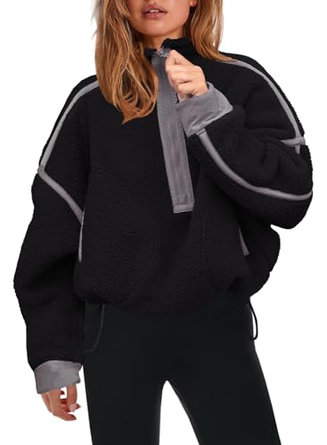 Panadila Damen-Pullover mit halbem Reißverschluss, Sherpa-Fleece, weich, übergroß, Sweatshirt mit Taschen, warm, flauschiger Pullover, Schwarz, M Panadila Damen-Pullover mit halbem Reißverschluss, Sherpa-Fleece, weich, übergroß, Sweatshirt mit Taschen, warm, flauschiger Pullover, Schwarz, M von Panadila