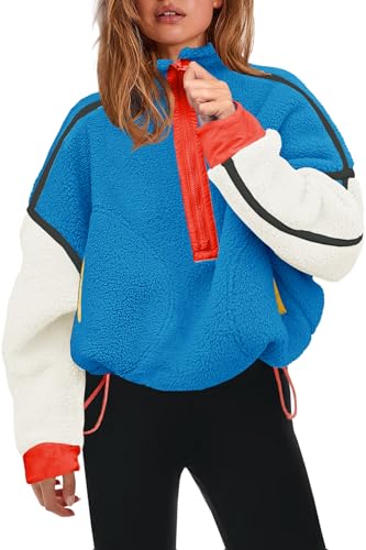 Panadila Damen Sherpa Fleece Sweatshirt mit halbem Reißverschluss Weich Oversized mit Taschen Warm Pelzig, Königsblau Combo, L von Panadila