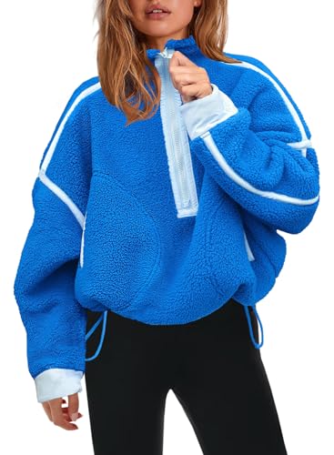 Panadila Damen-Sweatshirt mit halbem Reißverschluss, Sherpa-Fleece, weich, übergroß, mit Taschen, warmer flauschiger Pullover, Helles Blau, M von Panadila