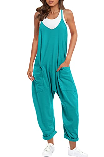Panadila Lässiger Harems-Jumpsuits mit V-Ausschnitt, weitem Bein, Jumpsuits mit Taschen, ärmelloser Strampler, Spaghettiträger, Overalls, Blaugrün/Ein Hauch von Paradies (Trace of Paradise), Medium von Panadila